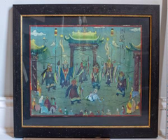 Framed Mongolian Tibetan Pastel Firelight Shaman Ceremony Scene