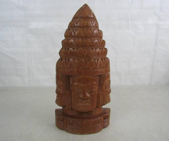 Cambodian Angkor Hand Carved Three Face Wooden Sculpture 11 1/2" Tall