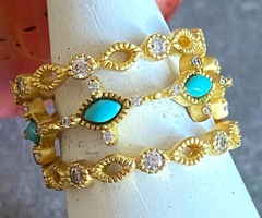 FREIDA ROTHMAN 3 RINGS STACKABLE STERLING SILVER GOLD PLATED, CZ, TURQ