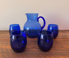Vintage Cobalt Blue Pitcher and four glasses