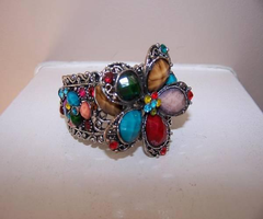 Multi-Color Stones FLOWER Bangle Bracelet - NEW